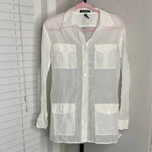 Lauren ralph lauren cotton/silk blend button up long sleeve sheer top large
